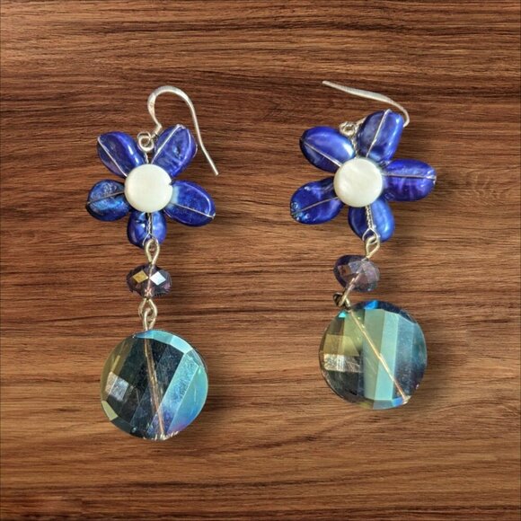 Blue & White Floral Beaded Dangle Earrings With Faceted Crystal Pendants c - Picture 1 of 5